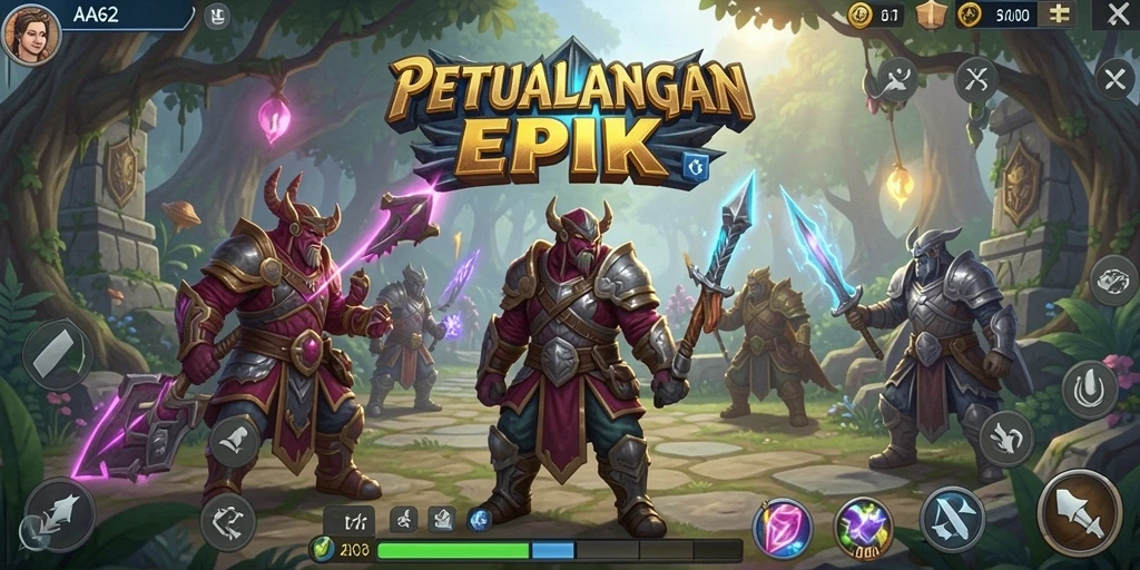 Screenshot gameplay menunjukkan pertarungan seru dalam dunia fantasi AA62.
