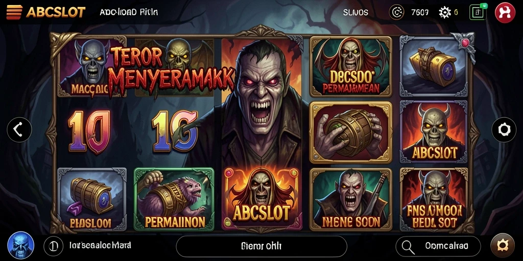 Screenshot menunjukkan karakter menakutkan dan suasana gelap dari ABCSLOT.