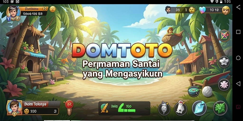 Screenshot utama DOMTOTO menampilkan grafis berwarna-warni dan gameplay yang seru.
