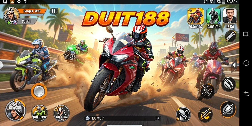 Tampilan gameplay balapan motor yang mendebarkan di DUIT188.