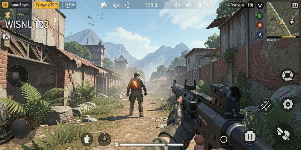 Screenshot gameplay WISNU123 menampilkan aksi mendebarkan dalam pertempuran TPS.